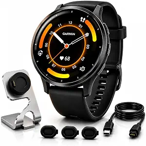 Garmin Venu 3 GPS Smartwatch, 45mm Black, Fitness Tracker with 14-Day Battery & Sleep Coach - Includes Premium Charging Stand, Extra Power Cable & Port Protector Plugs (Renewed)