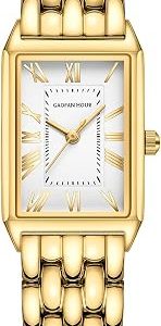 Gold Watches for Women with Vintage Rectangular Case,White Roman Dial,Stainless Steel Band,Adjustment Tool Included,Water Resistant