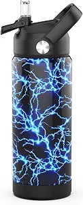 Boys Water Bottle with Straw,18 oz Kids Insulated Cups with Stainless Steel Leak Proof for School,Sport&Travel（Lightning）